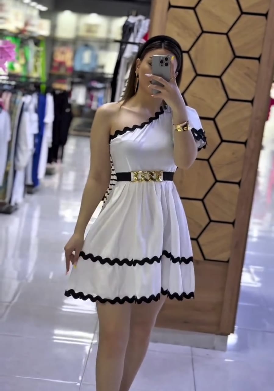 One-Shoulder Scallop-Trim Mini Dress with Gold Chain Belt