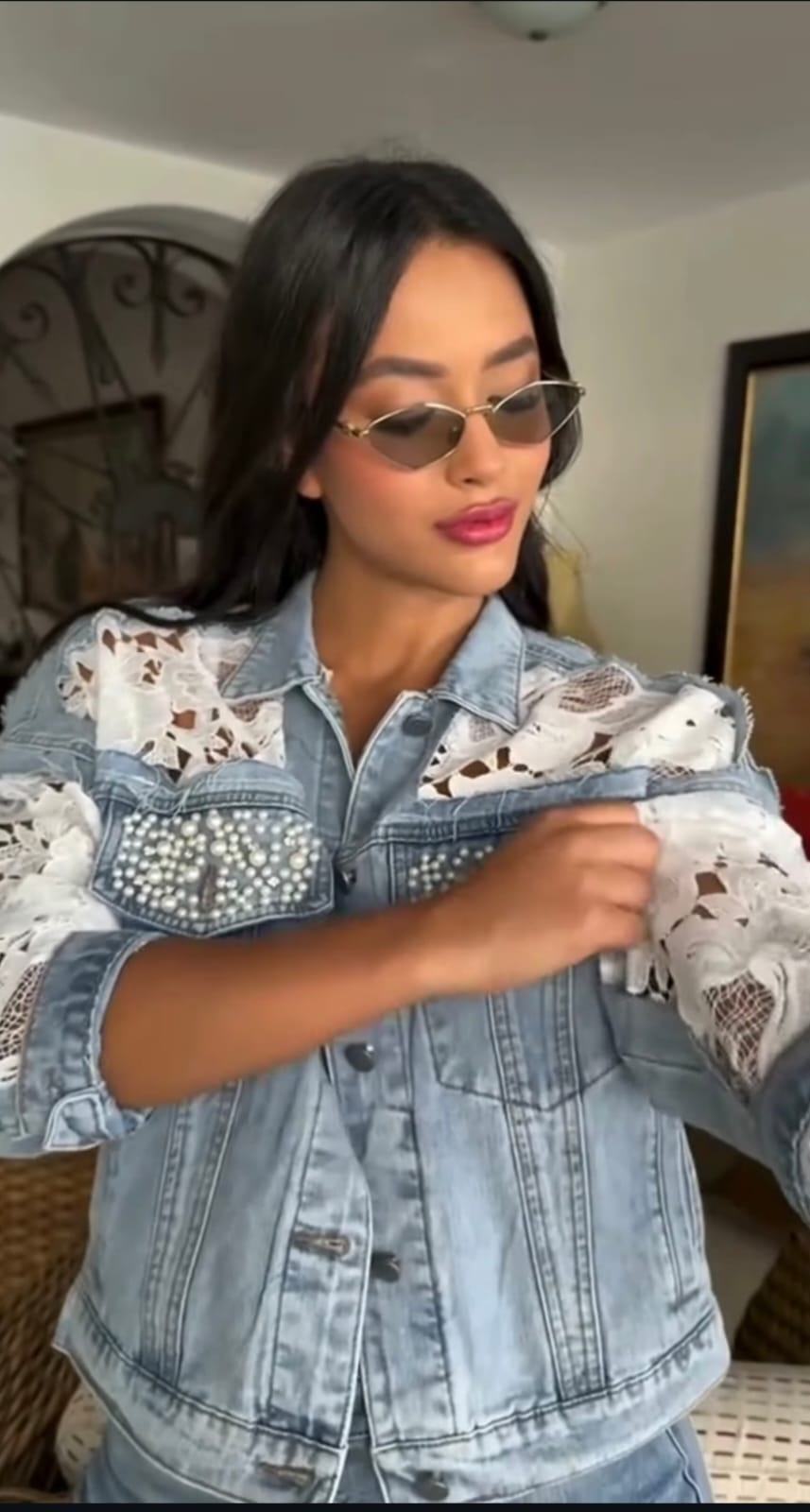 Women’s Lace with Pearl Denim Jacket