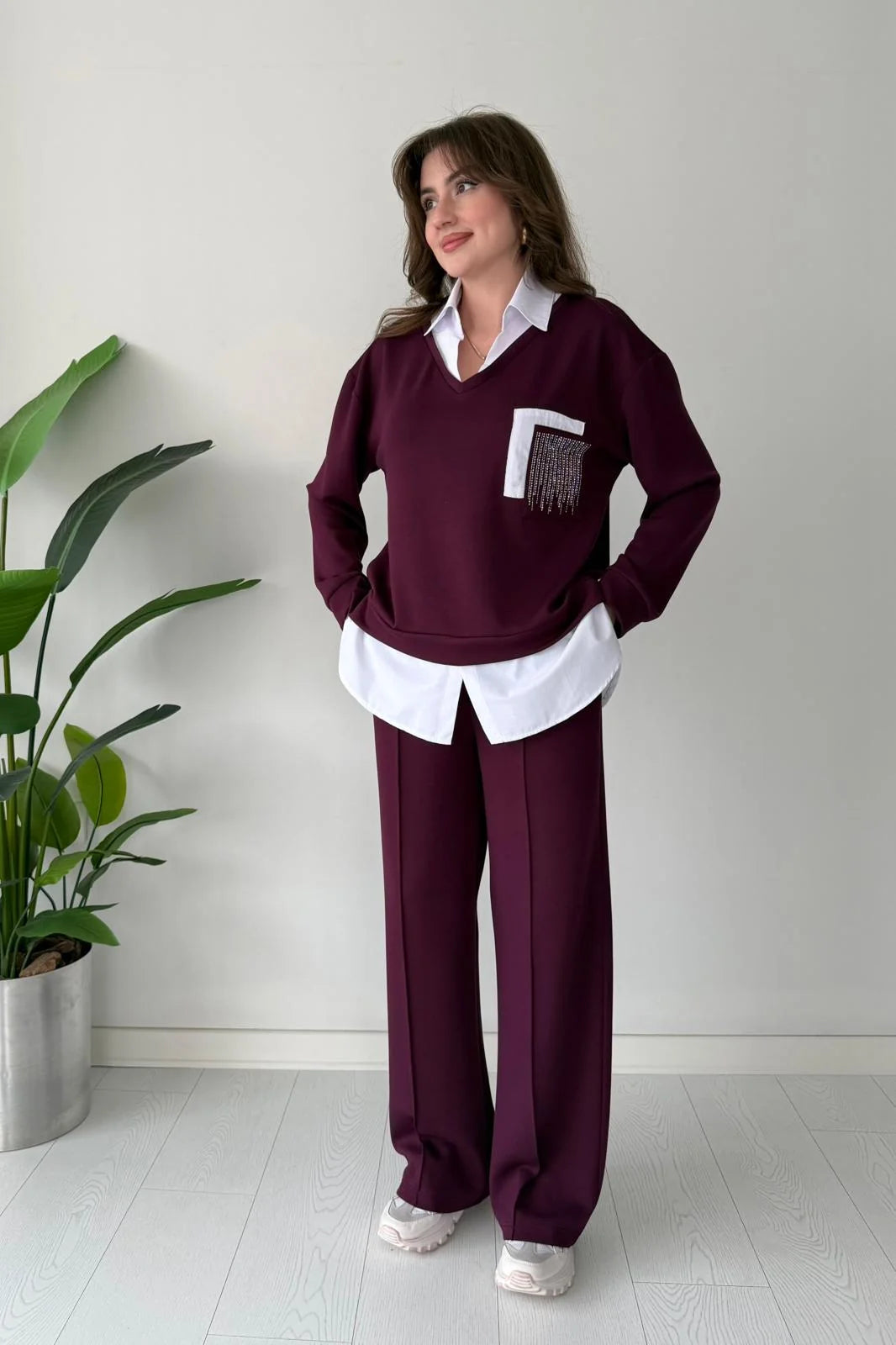 Two-Piece Set with Glittery Pocket Detail Shirt