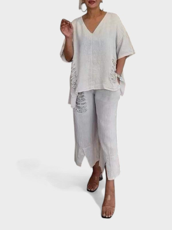 V-Neck Two Piece Set For Summer