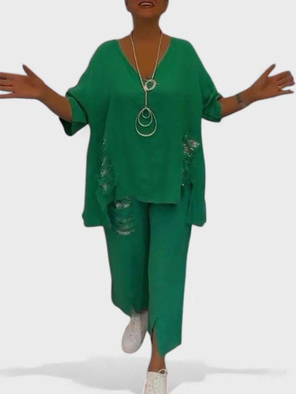 V-Neck Two Piece Set For Summer