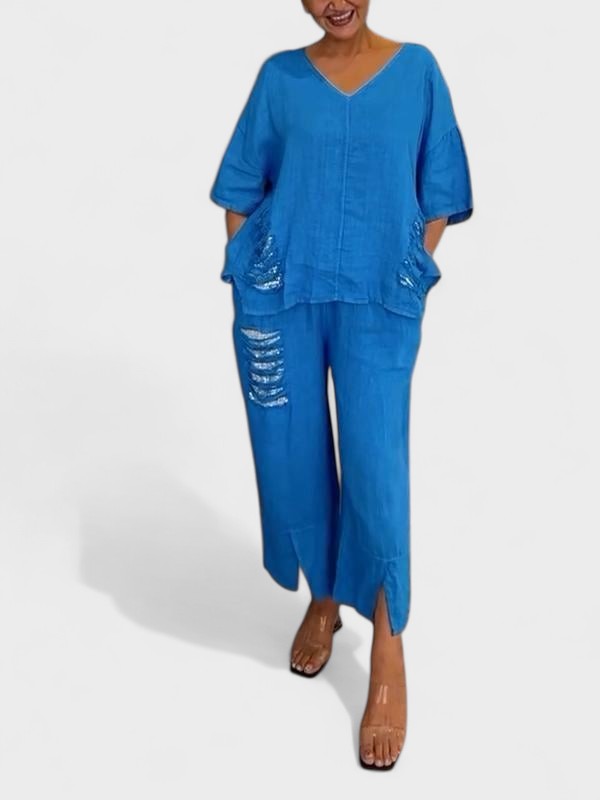 V-Neck Two Piece Set For Summer