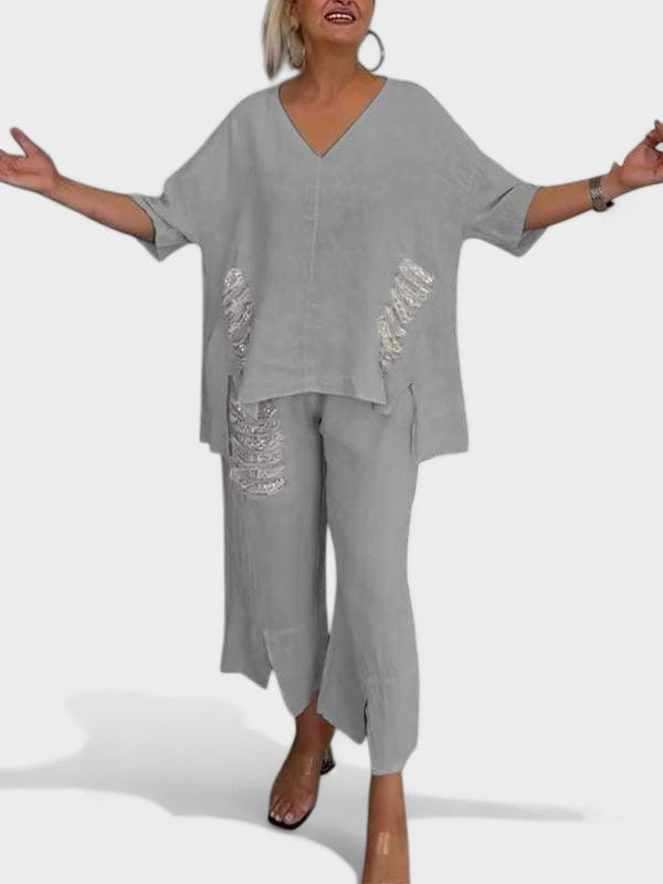 V-Neck Two Piece Set For Summer