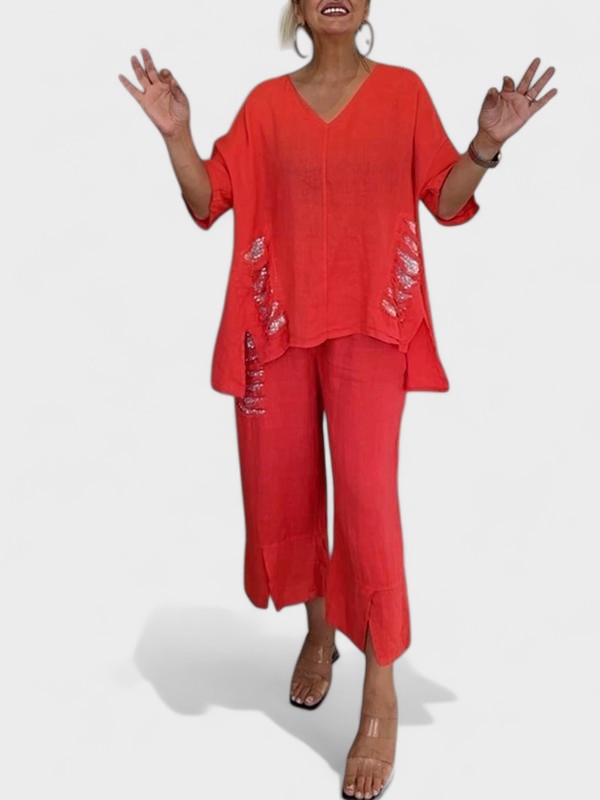 V-Neck Two Piece Set For Summer