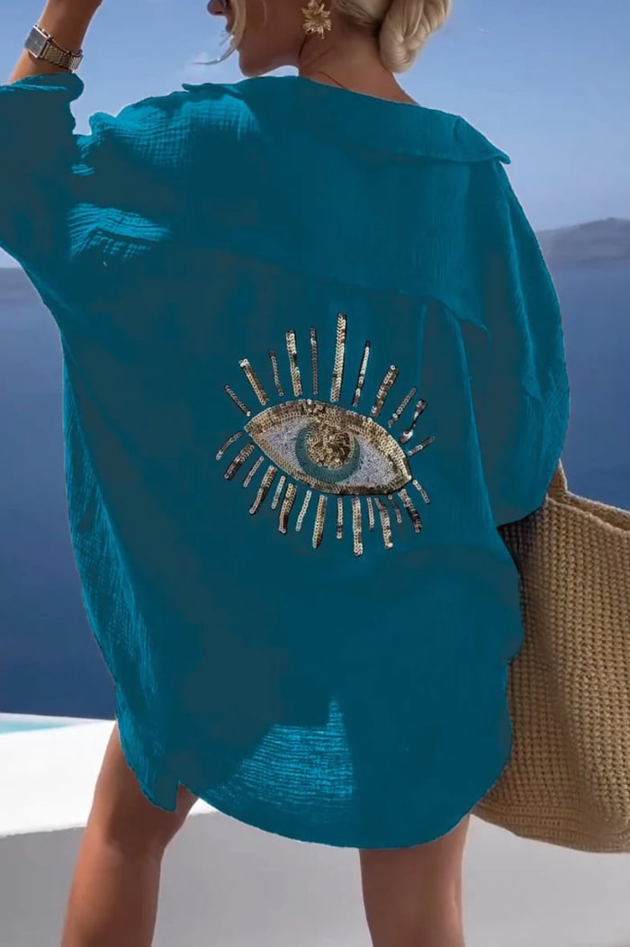 Casual Sequin Beaded Devil Eye Shirt