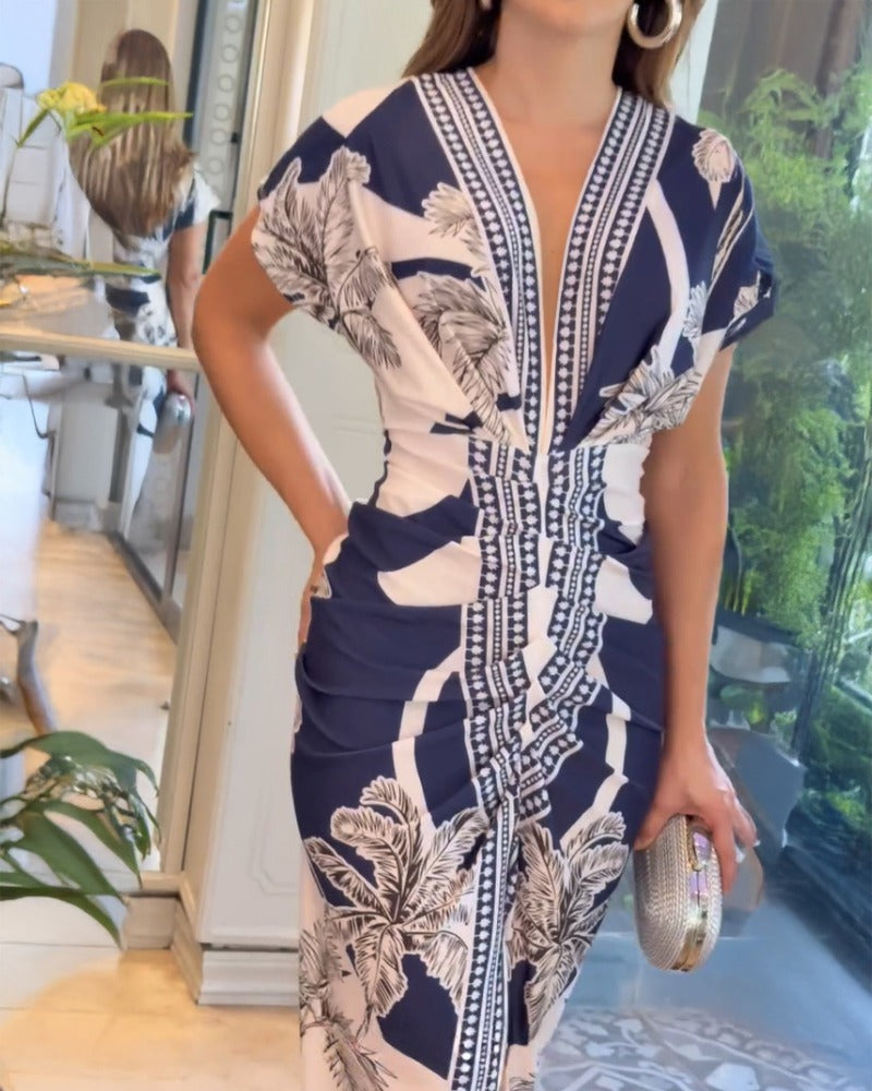 Women's Elegant V-Neck Printed Bodycon Dress
