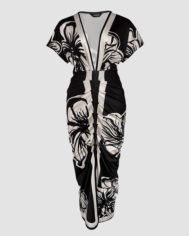 Women's Elegant V-Neck Printed Bodycon Dress