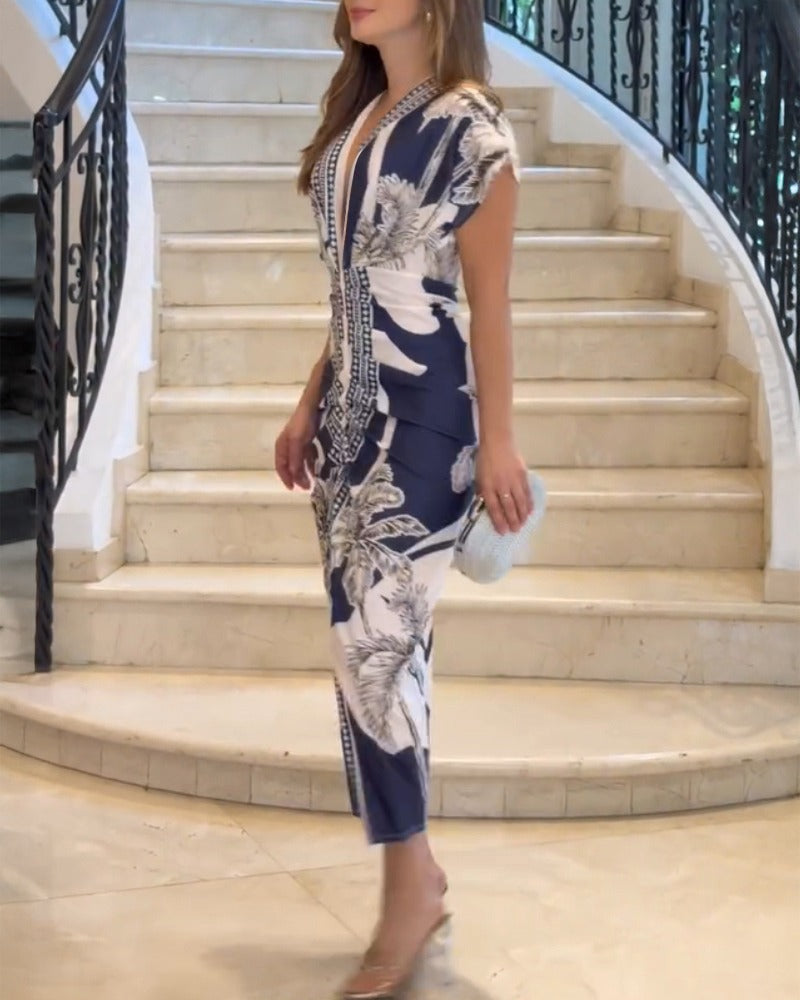 Women's Elegant V-Neck Printed Bodycon Dress
