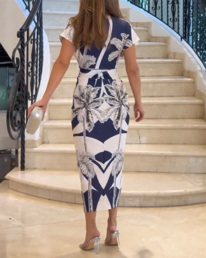 Women's Elegant V-Neck Printed Bodycon Dress