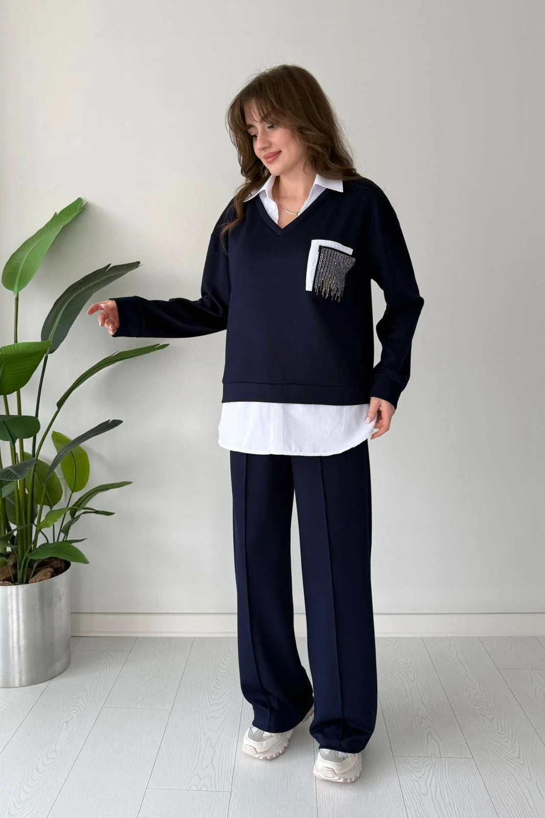 Two-Piece Set with Glittery Pocket Detail Shirt