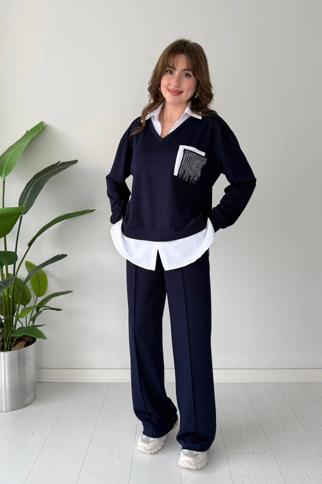 Two-Piece Set with Glittery Pocket Detail Shirt
