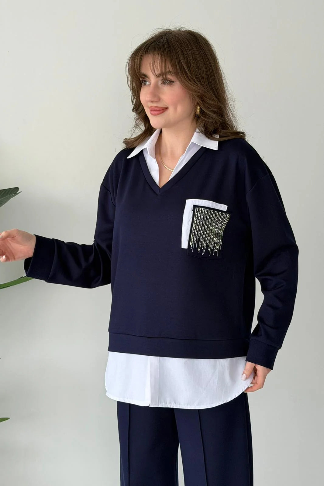 Two-Piece Set with Glittery Pocket Detail Shirt