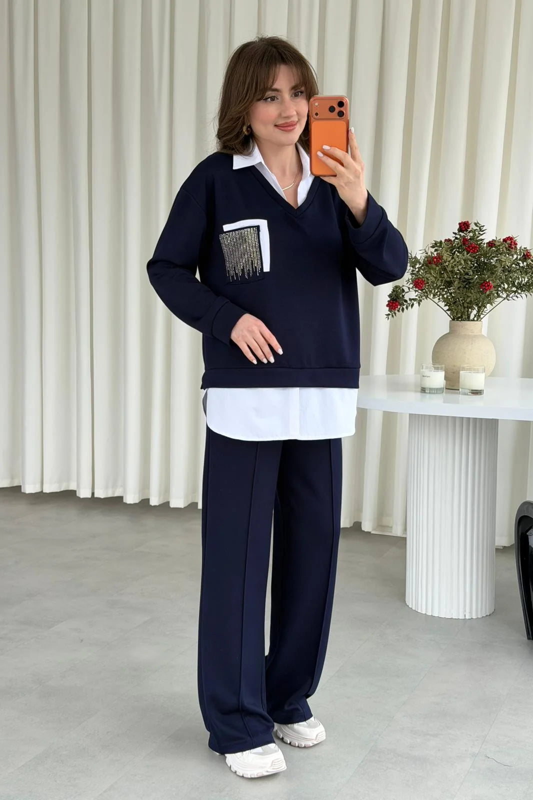 Two-Piece Set with Glittery Pocket Detail Shirt