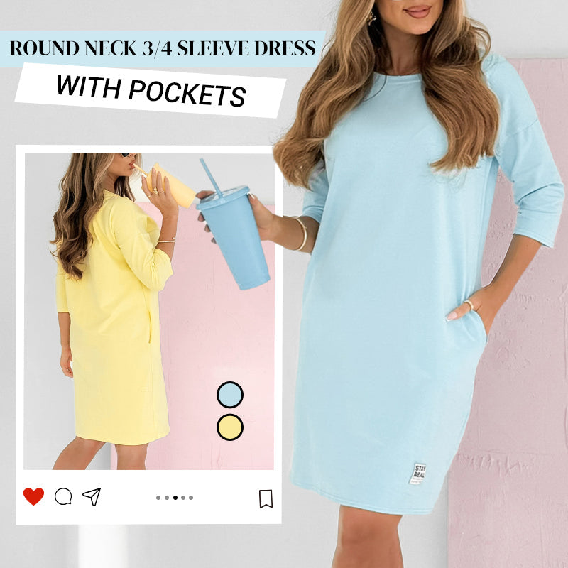 Round Neck 3/4 Sleeve Dress with Pockets