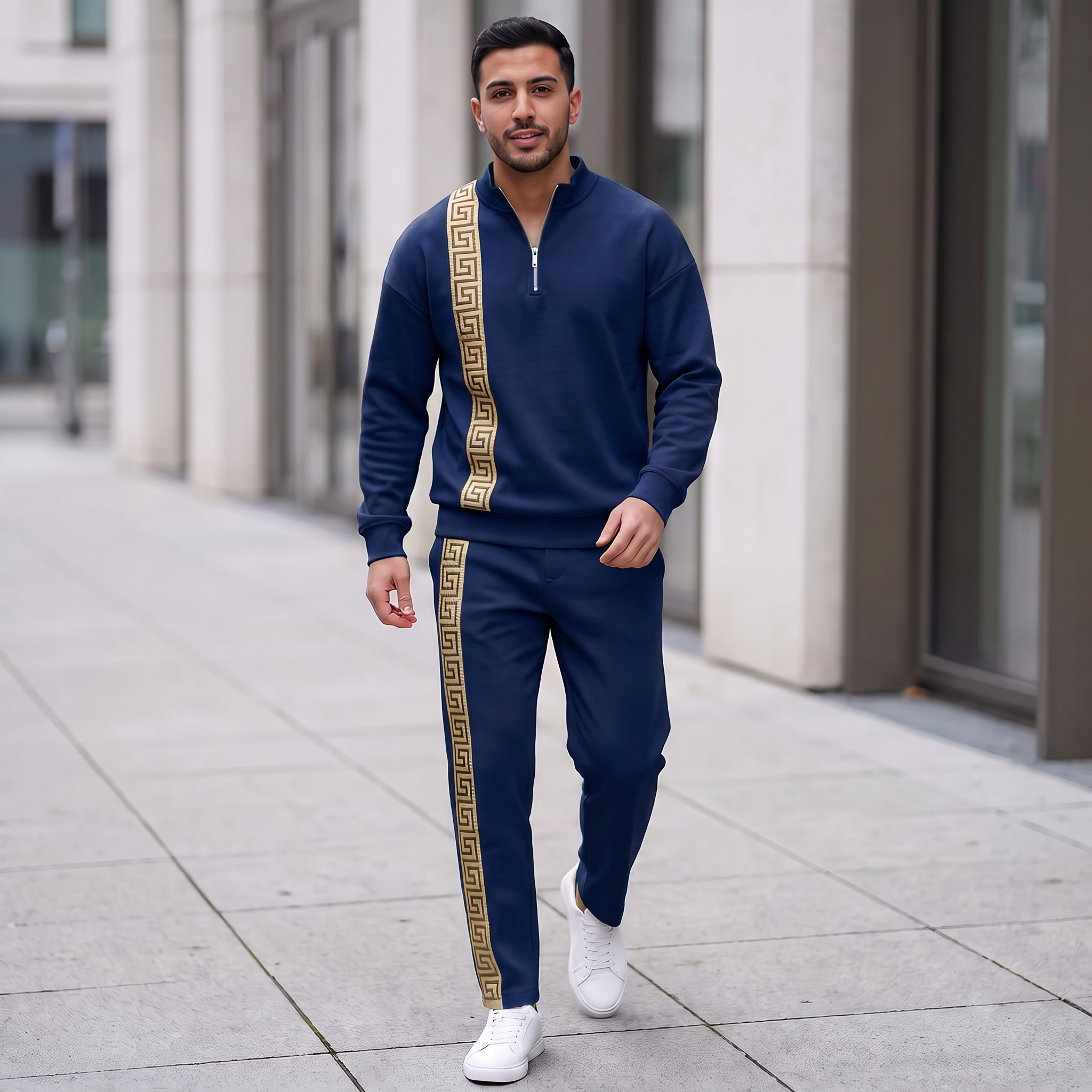 Men's fashion casual zipper stand up collar long sleeved pants set