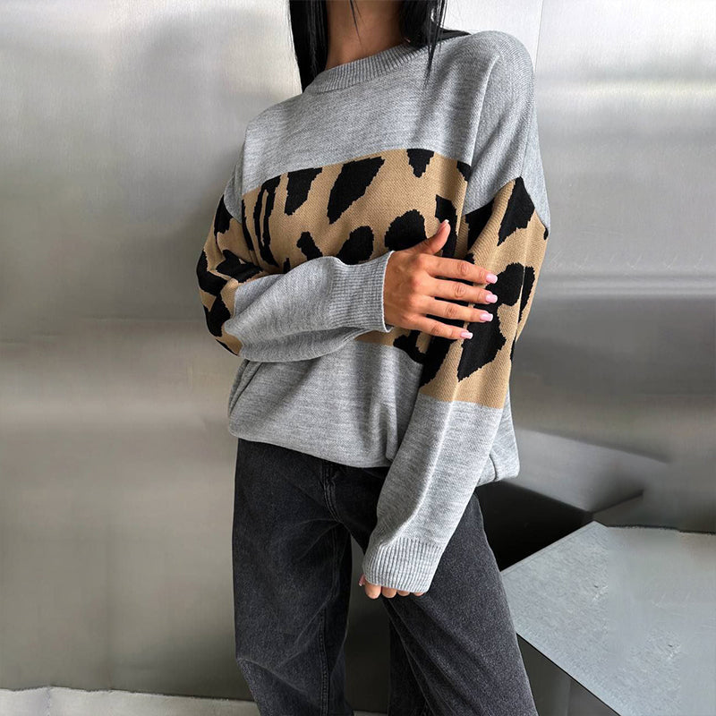 Women's Trendy Leopard Patchwork Crew Neck Sweater