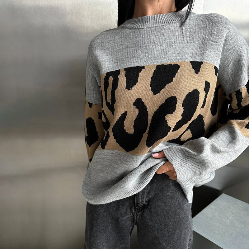Women's Trendy Leopard Patchwork Crew Neck Sweater
