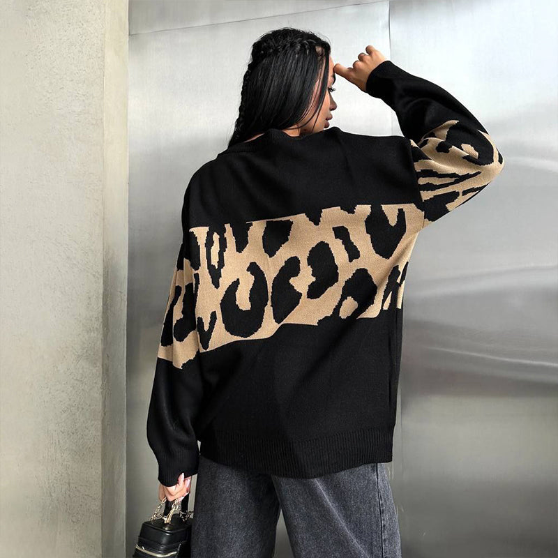Women's Trendy Leopard Patchwork Crew Neck Sweater