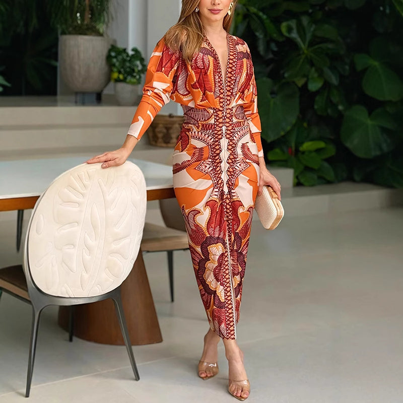 Women's Elegant V-Neck Printed Bodycon Dress