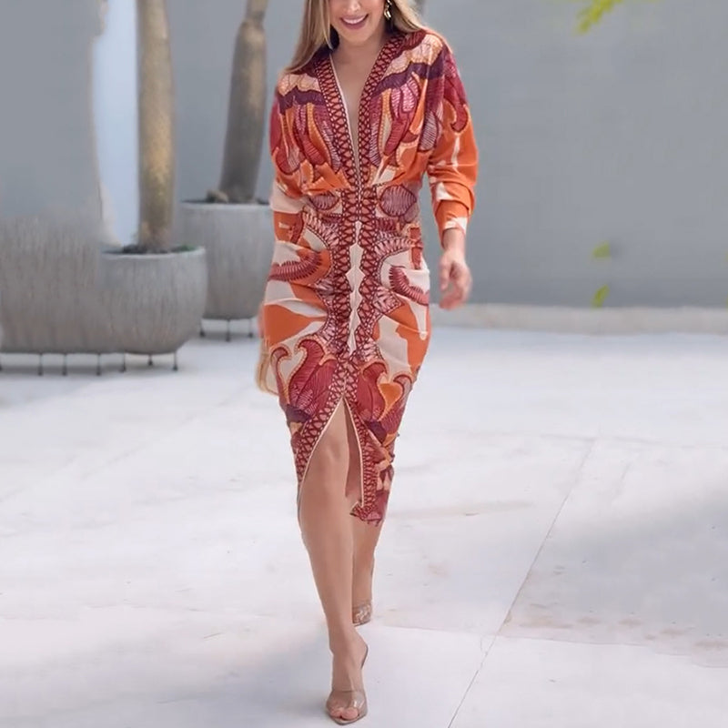 Women's Elegant V-Neck Printed Bodycon Dress
