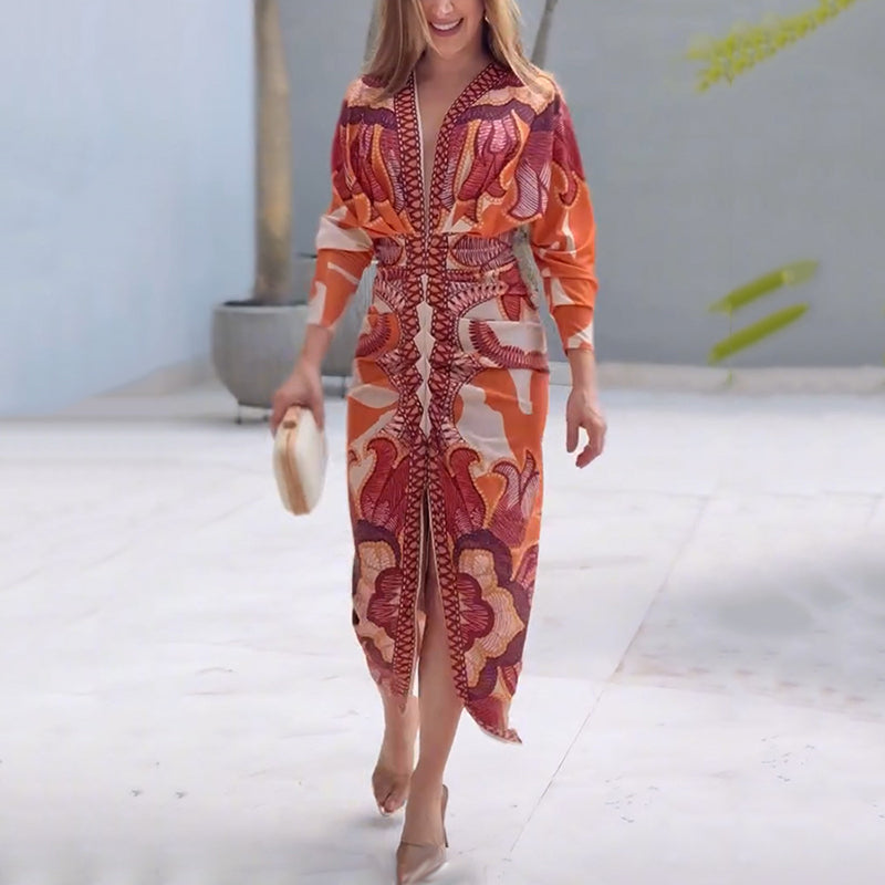 Women's Elegant V-Neck Printed Bodycon Dress