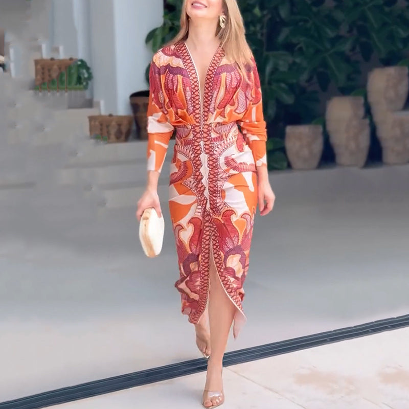 Women's Elegant V-Neck Printed Bodycon Dress
