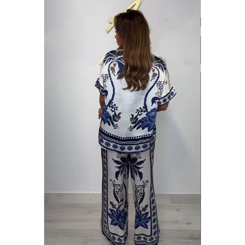 💜 LAST DAY PROMOTION 💜Women's Casual V-Neck Short Sleeve Top Wide Leg Pants Set