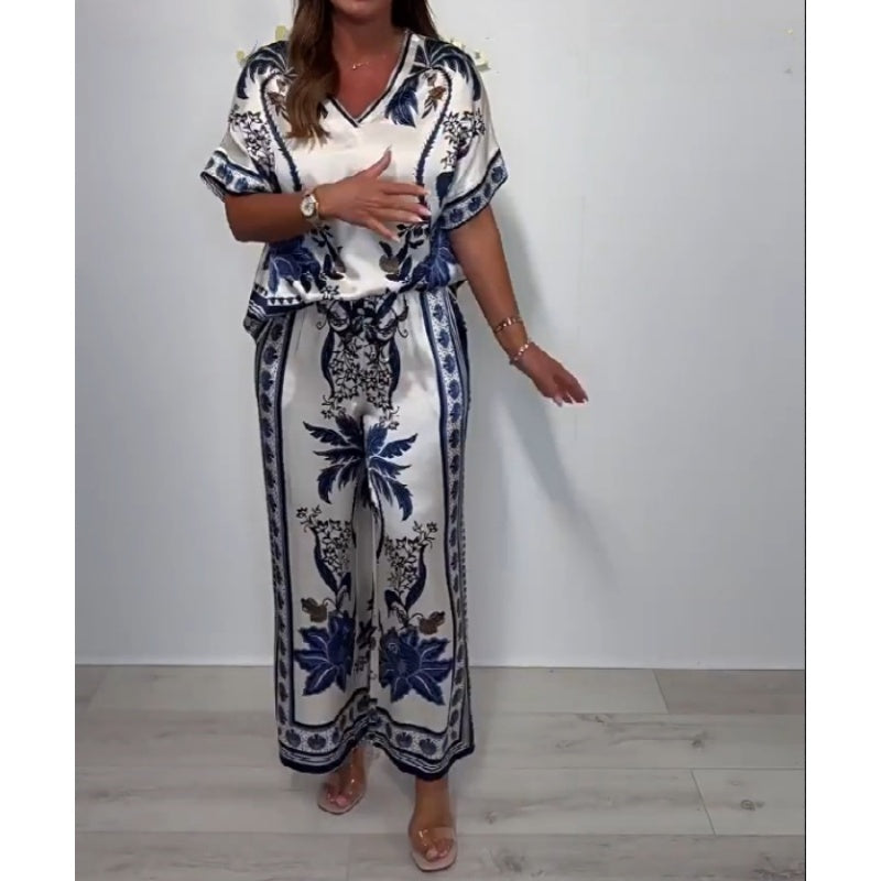 💜 LAST DAY PROMOTION 💜Women's Casual V-Neck Short Sleeve Top Wide Leg Pants Set
