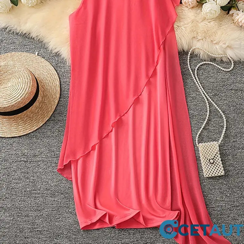 Women's asymmetric sleeveless mesh round neck dress