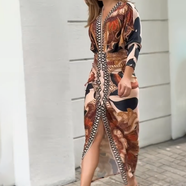 Women's Elegant V-Neck Printed Bodycon Dress