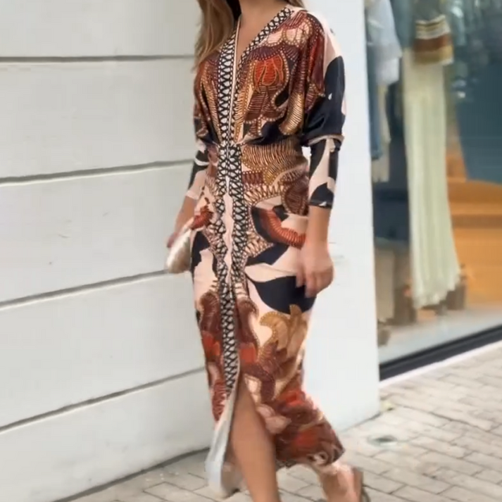 Women's Elegant V-Neck Printed Bodycon Dress