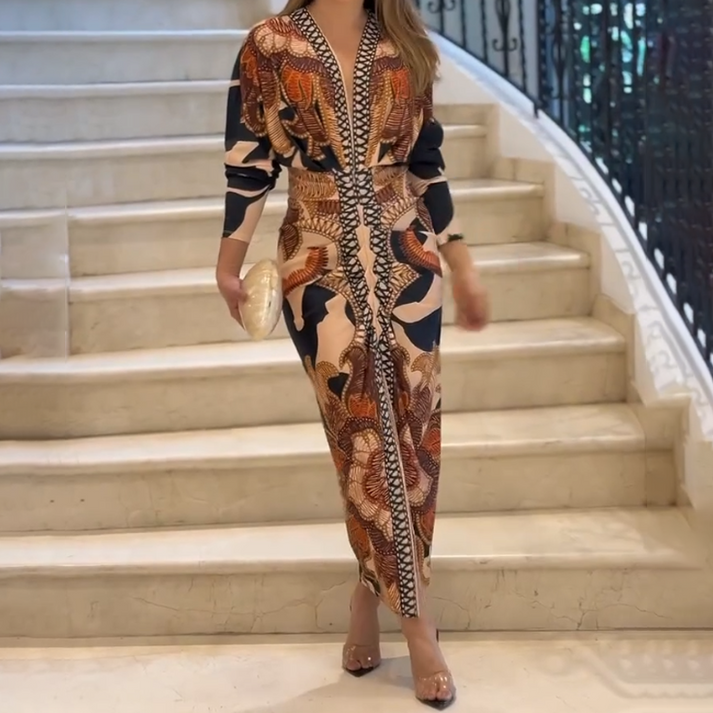 Women's Elegant V-Neck Printed Bodycon Dress