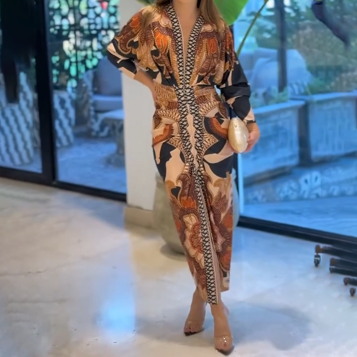 Women's Elegant V-Neck Printed Bodycon Dress