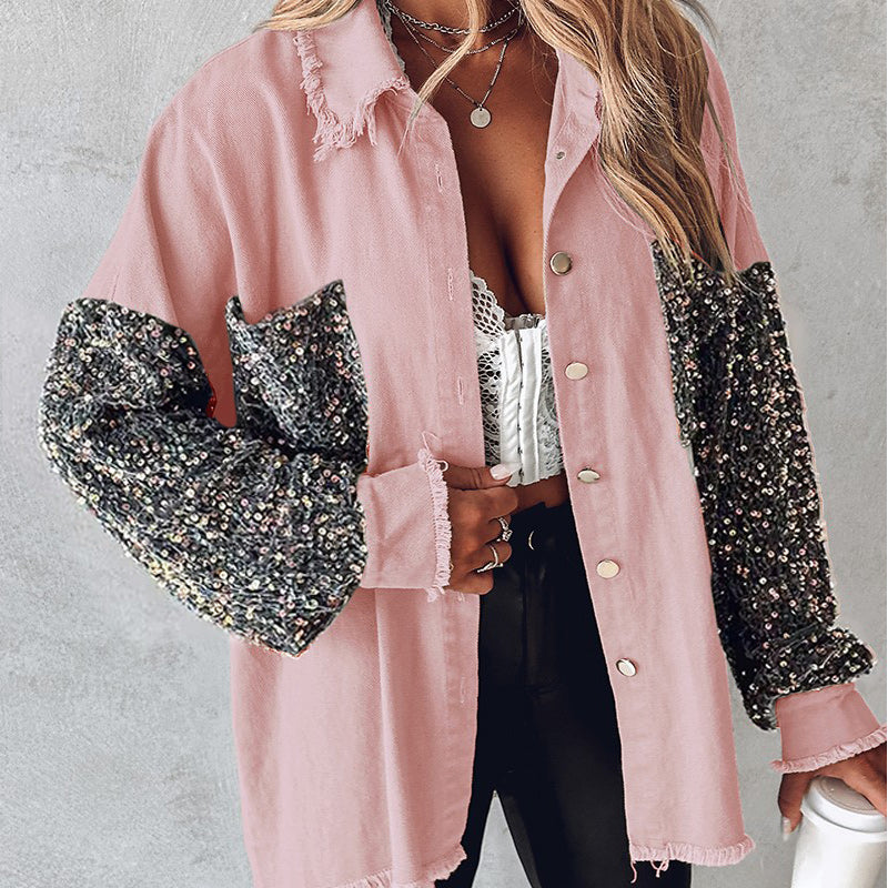 🔥Hot Sale 49% OFF⏳Women's Trendy Sequin Patchwork Coat with Raw Hem