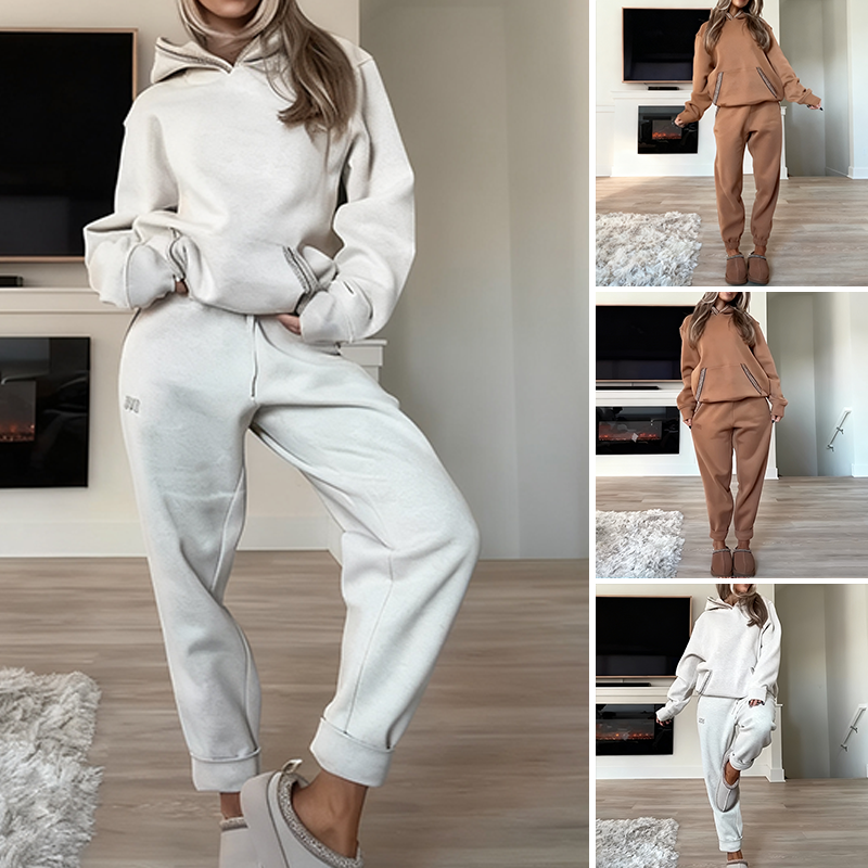 Women's casual outfit with hooded top and elastic waist pants