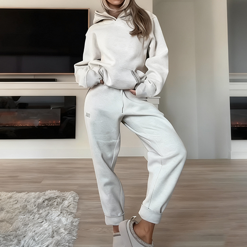 Women's casual outfit with hooded top and elastic waist pants