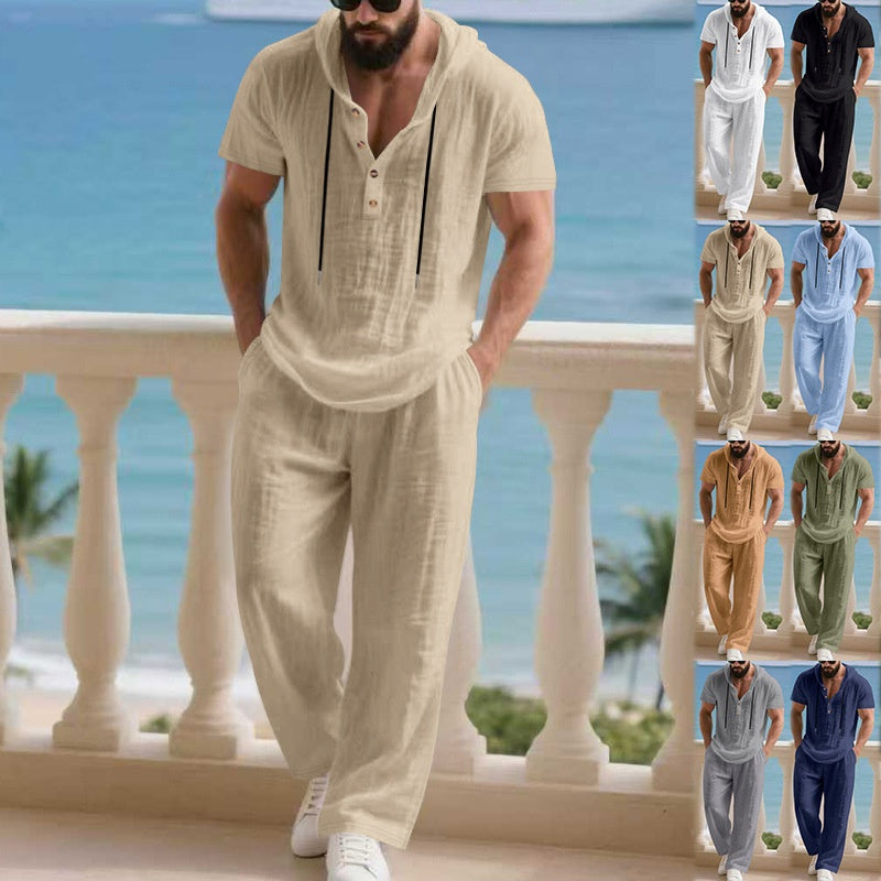 Men's 2-Piece Linen Set Hooded Henley Shirt & Pants