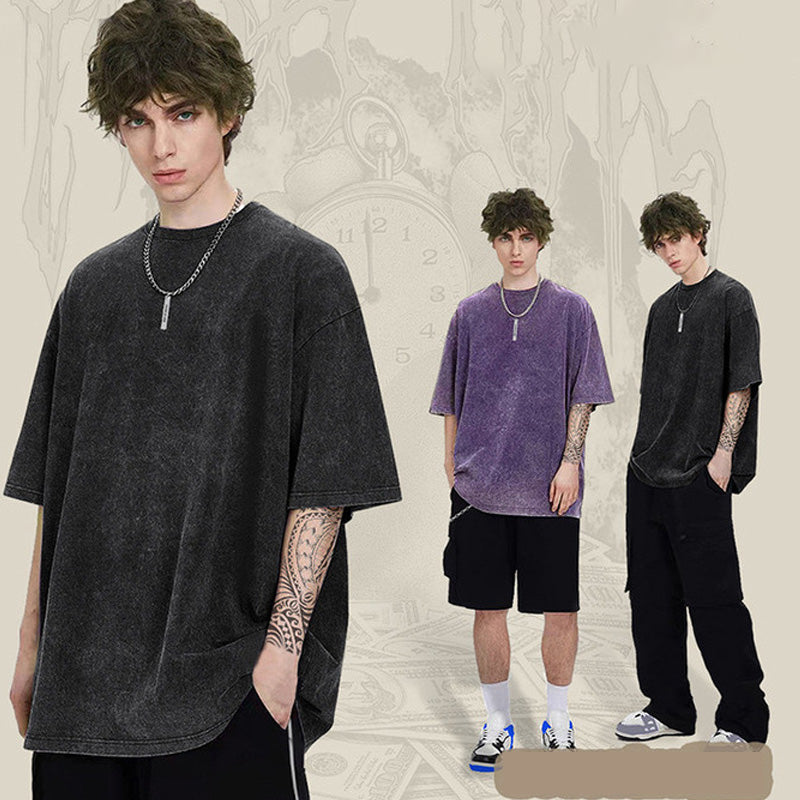 Loose Vintage Solid Color Short Sleeve Top