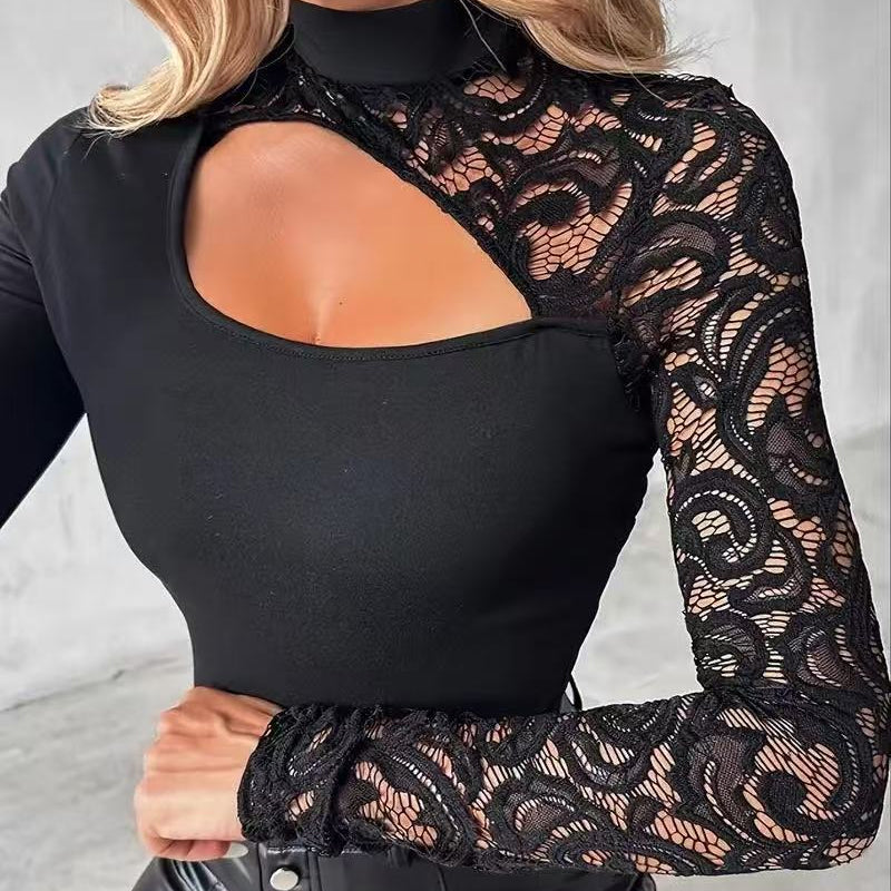 Women’s Stylish Asymmetrical Cutout Lace Sleeve Top – Elegant Party & Casual Wear