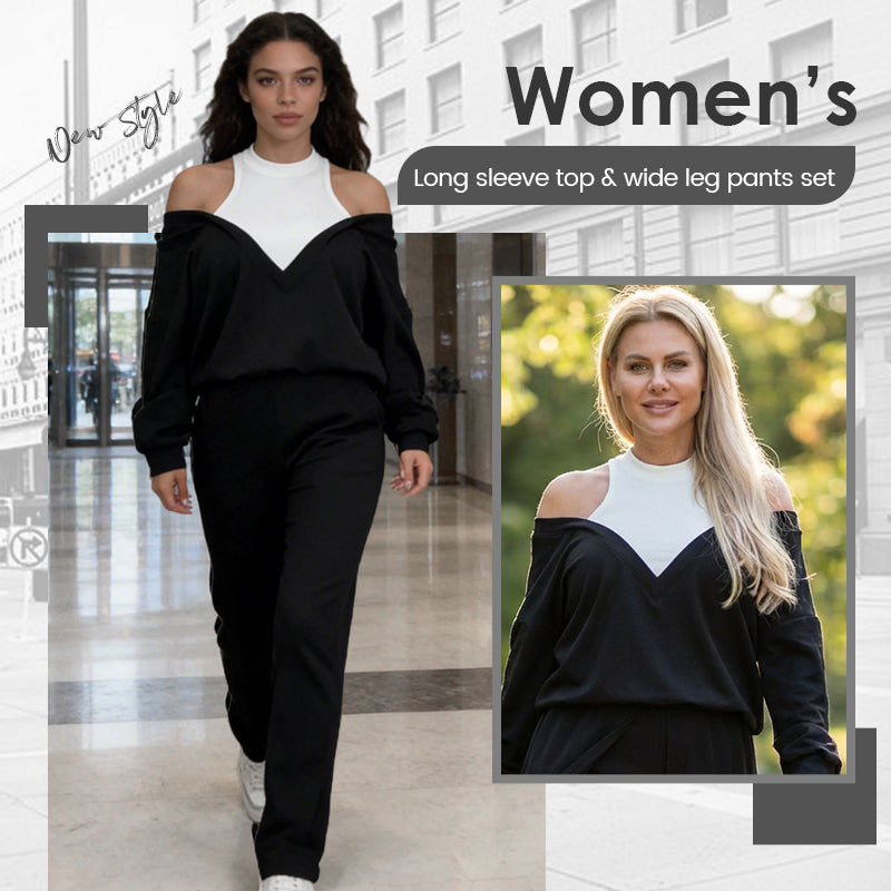 Women’s Stylish Long Sleeve Top & Wide Leg Pants Set