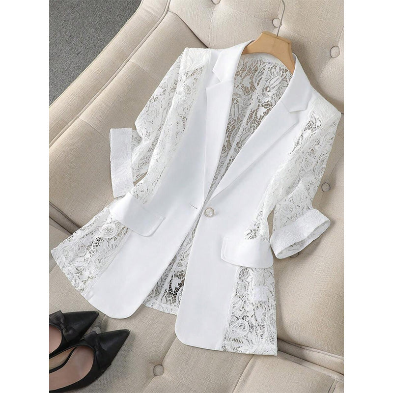 White Lace Blazer – Slim Fit, 3/4 Sleeve, Elegant Transition 👑