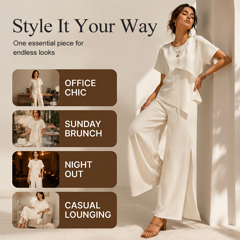 ⌛Limited-time offer-Women's Asymmetric Top & Slit Wide-Leg Pants Set