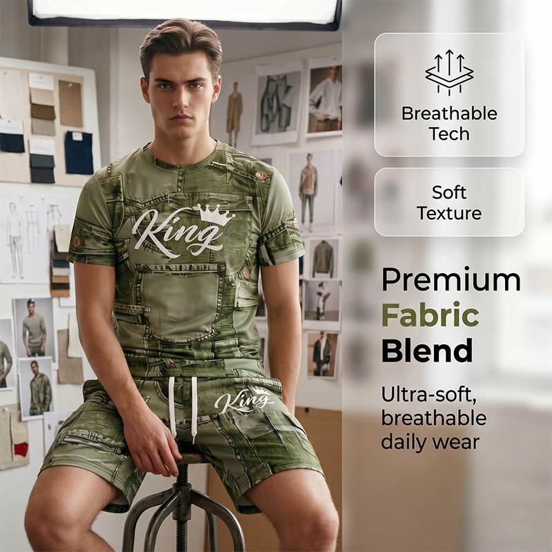 Mens Casual Faux Denim Print T-Shirt and Shorts Set