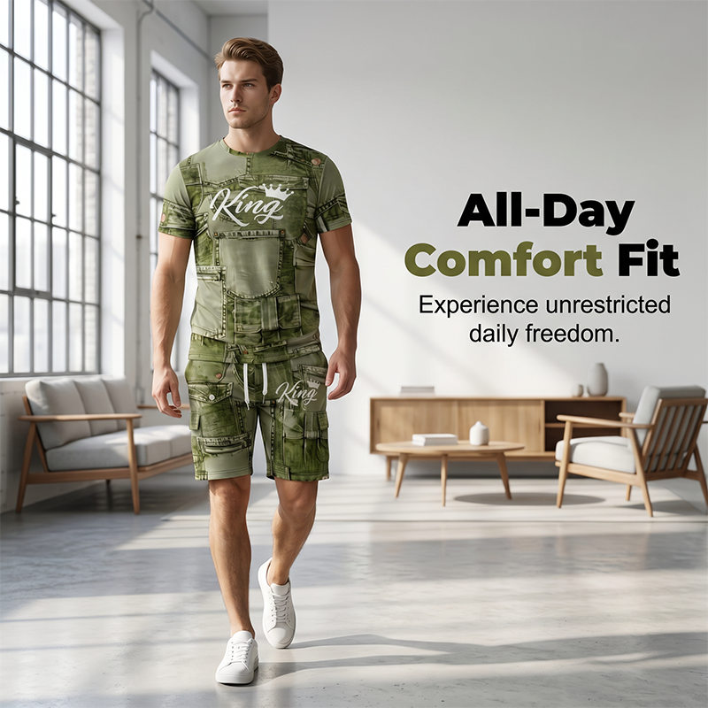 Mens Casual Faux Denim Print T-Shirt and Shorts Set