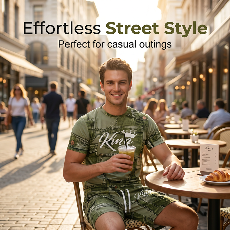 Mens Casual Faux Denim Print T-Shirt and Shorts Set