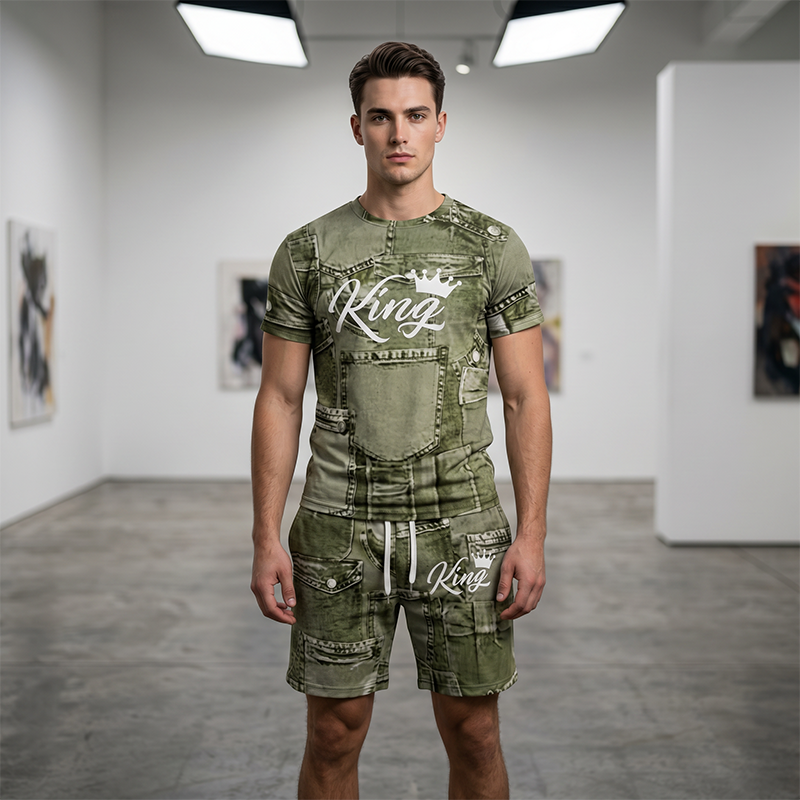 Mens Casual Faux Denim Print T-Shirt and Shorts Set