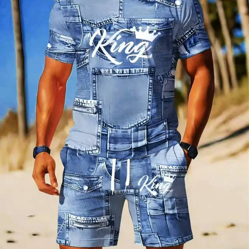 Mens Casual Faux Denim Print T-Shirt and Shorts Set