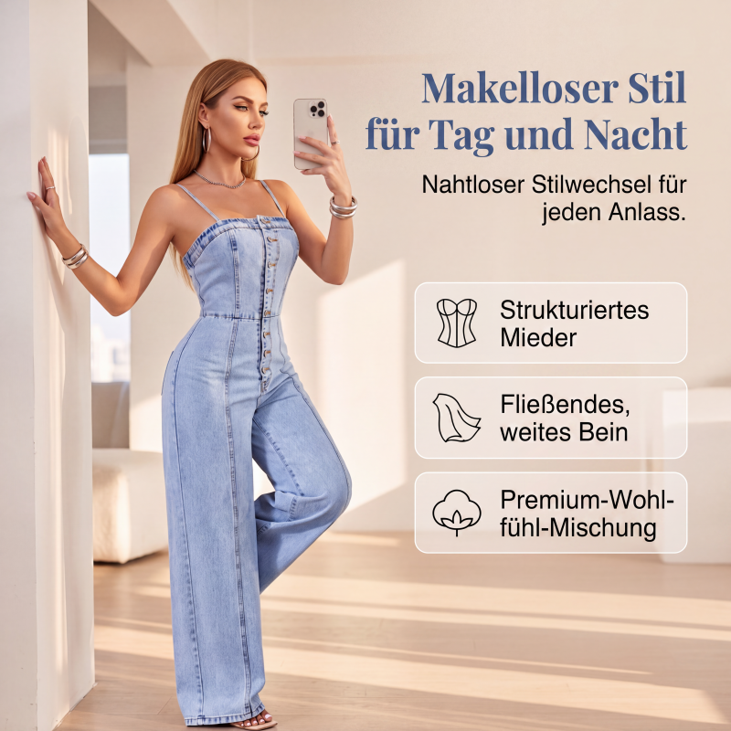 👖 50% OFF! ✨ Women's Spaghetti Strap Wide-Leg Denim Jumpsuit – Casual Summer Look