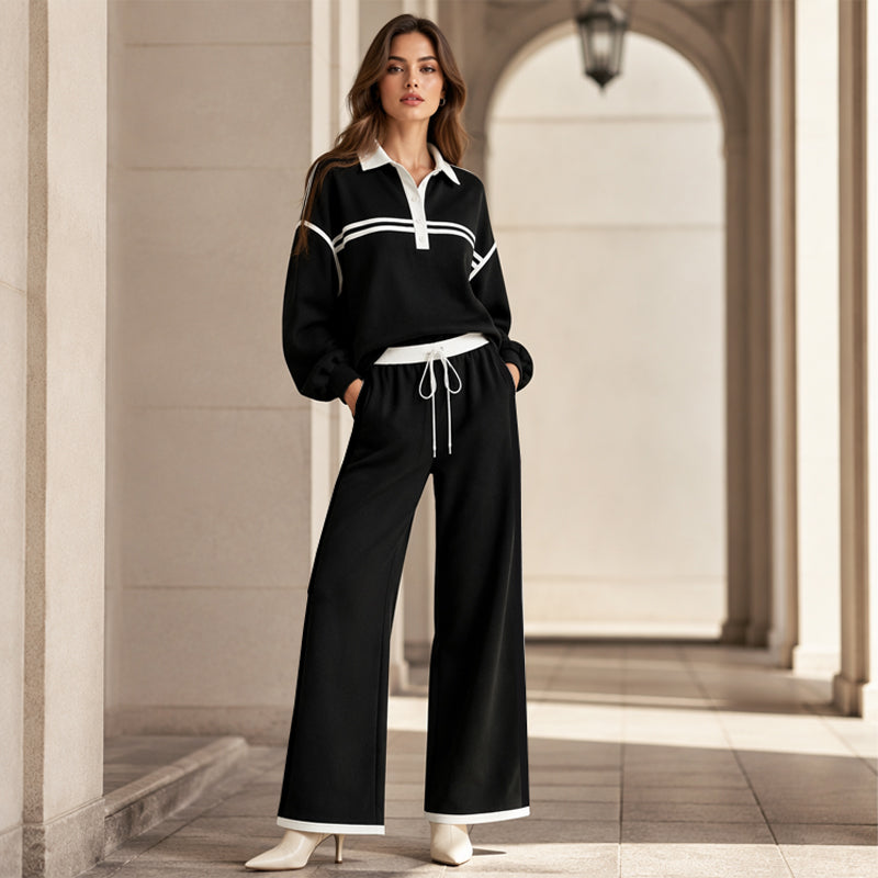 ⌛Limited-Time Offer-Women's Stripe Patchwork Sweatshirt & Wide-Leg Pants Set