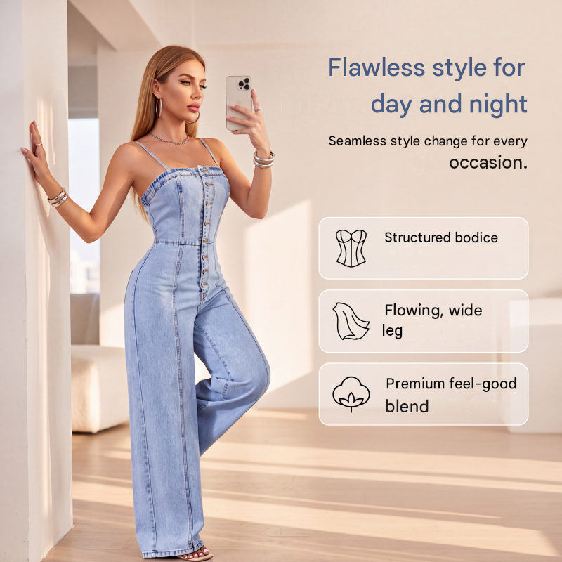 👖 50% OFF! ✨ Women's Spaghetti Strap Wide Leg Denim Jumpsuit – Casual Summer Look